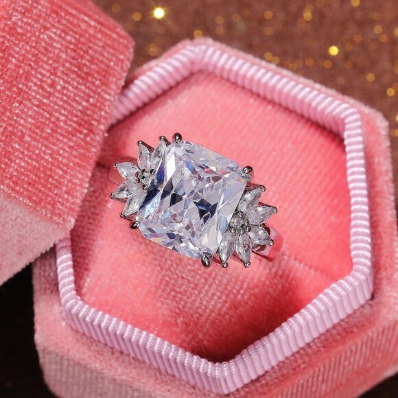 ▶Crystal Clear Large Pure Rectangle Zircon Wedding Rings for Women, L129 - Picture 3 of 5